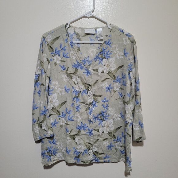 Liz Claiborne Floral Blouse - Blue and White All Linen - Picture 1 of 6